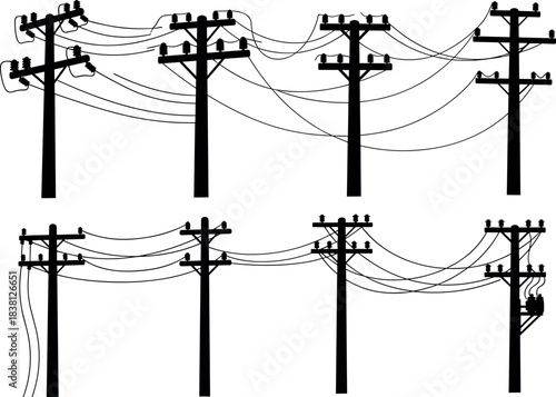 Flavector, utility pole silhouettes, power line configurations, transformer setup, insulator designs, electrical grid layout, infrastructure diversity