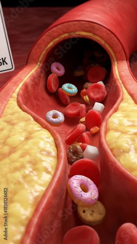 A vivid depiction illustrating the detrimental effects of unhealthy food choices on the human circulatory system.
