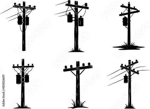Flavector, utility pole silhouettes, transformer configurations, insulator design, power line setup, electrical grid diversity, infrastructure layout