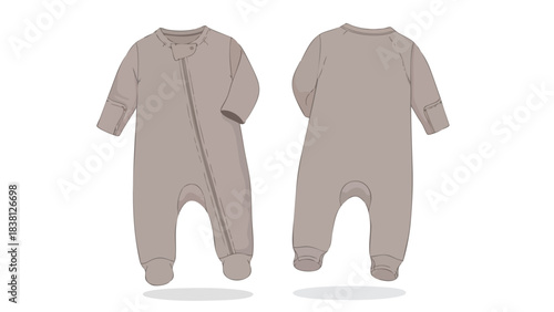 Front and Back Views of a Baby Sleepsuit with Zipper, Perfect for Fashion Design Mockups and Children's Clothing Concepts