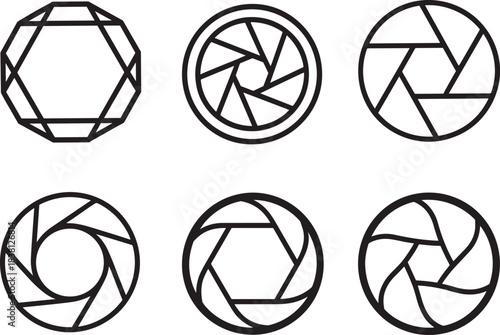 Camera shutter aperture vector set, geometric circular icons, photography symbol design, abstract lens shapes, cad drawing flat vector illustration, tech concept
