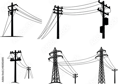 Flavector, utility poles and transmission towers, electrical infrastructure silhouettes, power line configurations, grid layout, transformer setup
