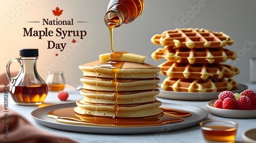 National Maple Syrup Day. Stack of pancakes and waffles drizzled with golden syrup and butter. Sweet breakfast food.