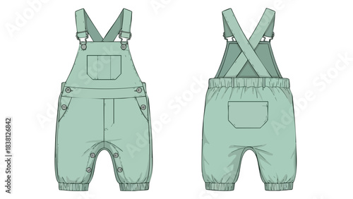 Detailed fashion sketch showcasing charming baby overalls with pockets and adjustable straps on a clean white backdrop