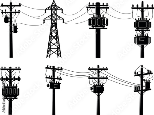Flavector, utility poles and transmission towers, electrical infrastructure silhouettes, transformer setups, power grid layout, insulators