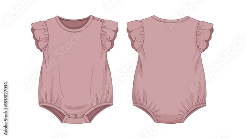 Ruffled baby bodysuit design illustration showcasing both the front and back views in a soft pink hue, creating an adorable and stylish garment