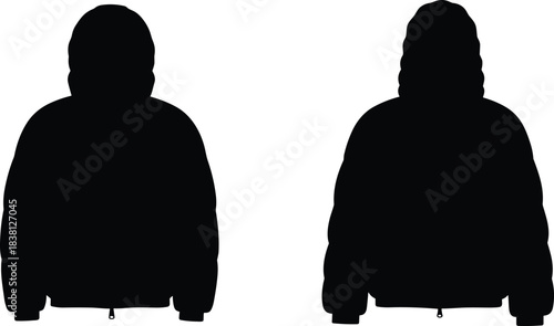 Hooded jacket silhouettes illustration, padded and smooth outerwear fashion design, casual apparel clothing style, flat vector