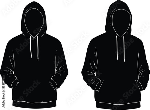 Hooded sweatshirt silhouettes illustration, casual hoodie fashion design with drawstrings and pocket style, modern apparel vector