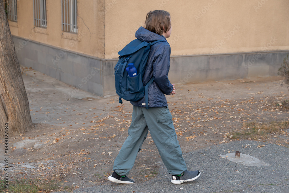 Naklejka premium A young boy with a backpack walking to school. Student commuting outdoors in autumn