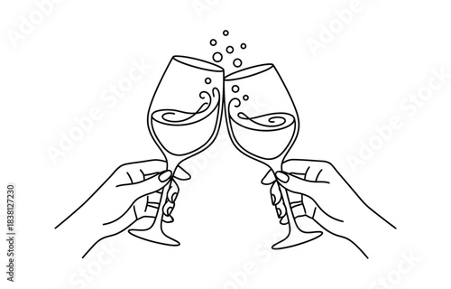 Continuous line champagne cheers one line art, Hands toasting with wine glasses with drinks. Cheers toast festive decoration for holidays on transparent background
