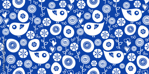 Happy Easter seamless pattern. Blue birds with flowers and eggs. Playful joyful folk nordic floral motif. Textile, wrapping, wallpaper, kids decor concept. Flat vector illustration.