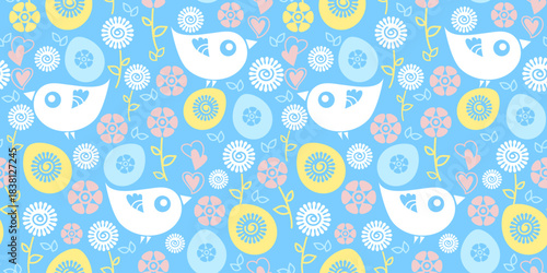 Happy Easter seamless pattern. Blue birds with flowers and eggs. Playful joyful folk nordic floral motif. Textile, wrapping, wallpaper, kids decor concept. Flat vector illustration.
