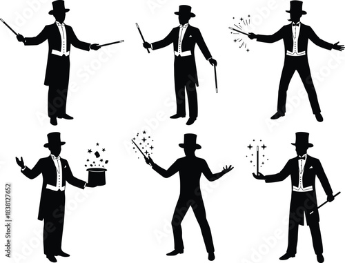 Magicians performing tricks with wands, top hats, sparkles, stage illusion, magic show flat vector illustration
