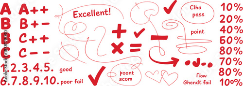 Grading marks, handwritten evaluation symbols, teacher feedback, red annotation set, percentage scores, vector design, flat illustration, academic rating, exam correction
