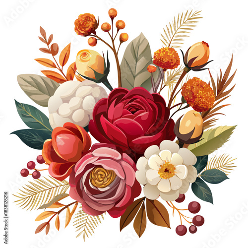 A rich autumnal floral arrangement with berries and leaves isolated on white background silhouette