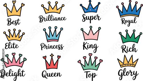 Colorful crown icons, royalty concept, excellence titles, symbolic vector design, regal illustration, leadership attributes, decorative elements, black and white layout