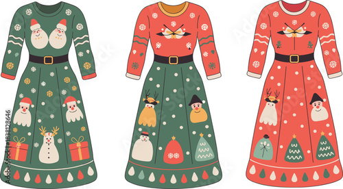 Christmas dresses, festive fashion, holiday outfit design, seasonal clothing, Santa style, winter wear, cad drawing, flat vector illustration
