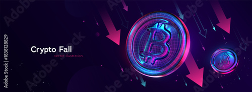Bitcoin Price Falling. Financial Crisis, BTC Fall Down. Crypto Inflation. Falling Currency Symbol With Neon Arrows Showing Economic Decline And Market Drop In Futuristic Style. Vector Illustration.