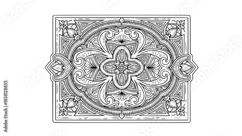 Vintage playing card back design, ornate line art, symmetrical pattern, vector illustration, detailed engraving style, isolated