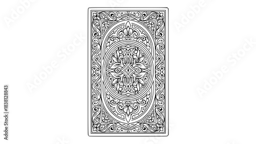 Vintage playing card back design, ornate line art, symmetrical pattern, vector illustration, detailed engraving style, isolated
