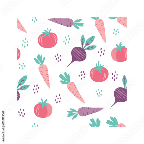 Colorful cartoon vegetable seamless pattern featuring carrots, tomatoes, and beets on white background, healthy food concept