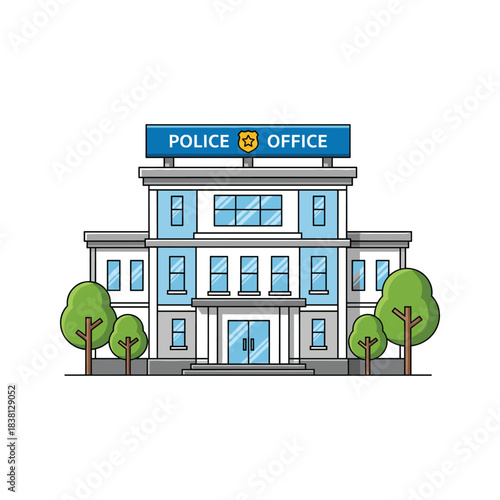 Police office building illustration with trees, flat vector icon of law enforcement department exterior design.