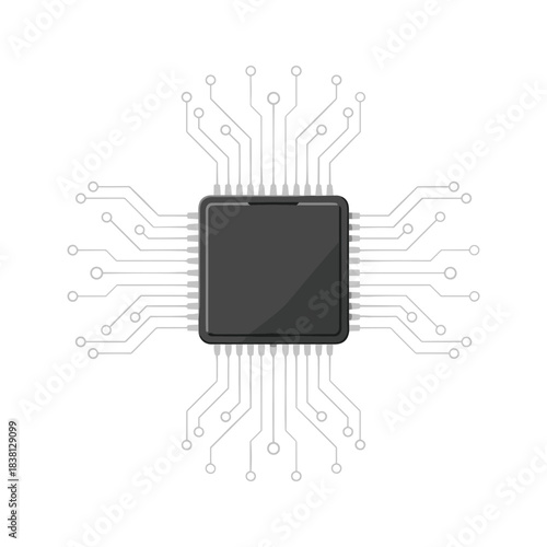 Microchip with integrated circuit lines illustration for computing, electronics, data processing, and digital concepts
