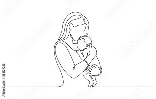Continuous line design of mother's concern for baby. one line Icon drawing with transparent background