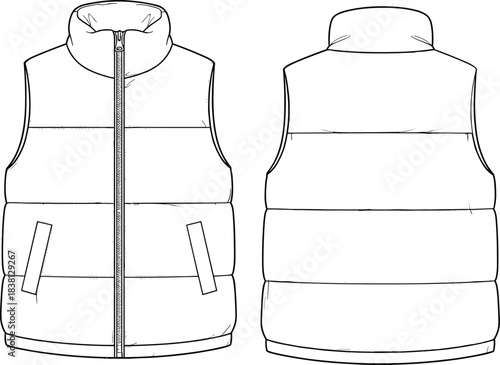 CAD drawing flat vector illustration, front and back view of puffer vest, technical fashion sketch, apparel template outline, men's women's clothing design.