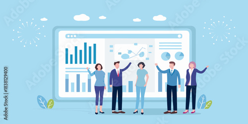 Team celebrating successful data analysis with graphs and charts on a large screen