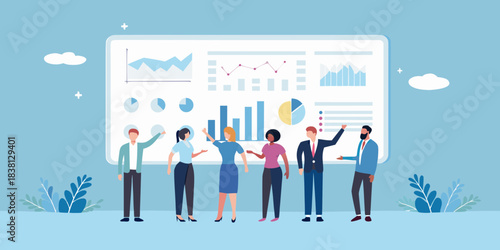 Team discussing data analysis and presentation results on a large screen