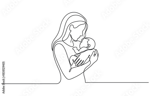 Continuous line design of mother's concern for baby. one line Icon drawing with transparent background