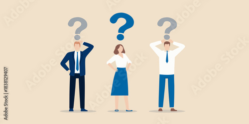 People pondering with question marks above their heads illustrating uncertainty
