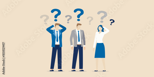 Business people surrounded by question marks facing uncertainty and complex problems