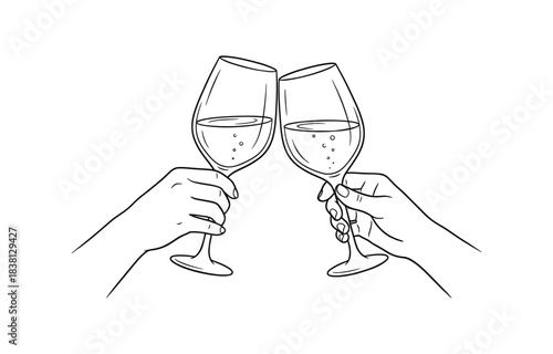 Continuous line champagne cheers one line art, Hands toasting with wine glasses with drinks. Cheers toast festive decoration for holidays on transparent background