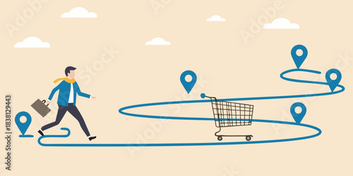 Man walking towards a shopping cart followed by location pins