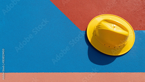 Yellow hard hat rests on a blue and red surface.