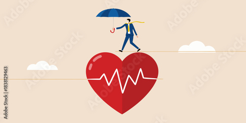Man walking on a rope over a heart sheltered by an umbrella