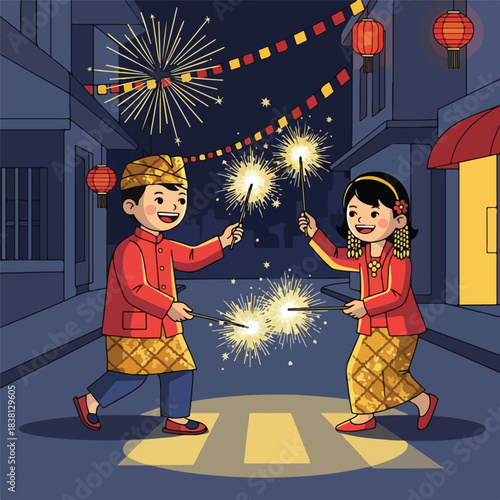 Illustration of a boy and girl in traditional attire holding sparklers on a street at night with festive lanterns and fireworks