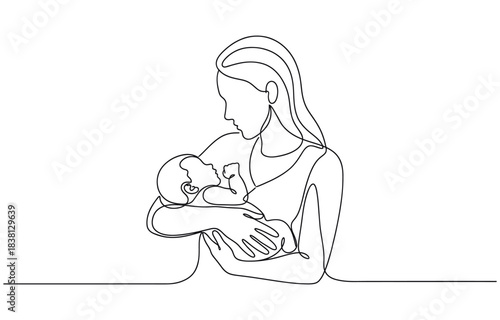 Continuous line design of mother's concern for baby. one line Icon drawing with transparent background