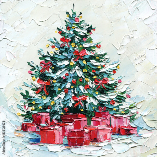 Christmas tree with red gift boxes impasto oil painting festive winter holiday wall art