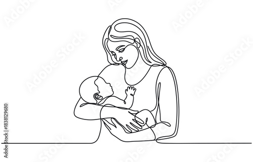 Continuous line design of mother's concern for baby. one line Icon drawing with transparent background