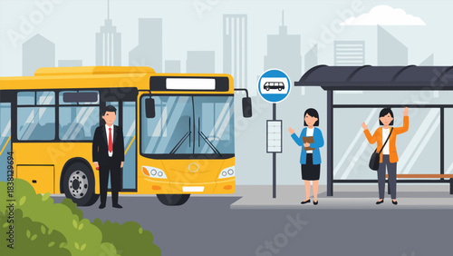 Dynamic illustration of a city bus picking up passengers at a busy urban stop, featuring people commuting and a backdrop of modern buildings
