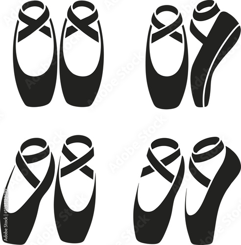 Black ballet shoes, ribbon variations, artistic footwear, dance silhouette, minimal vector design, graceful composition, abstract style, isolated on white background