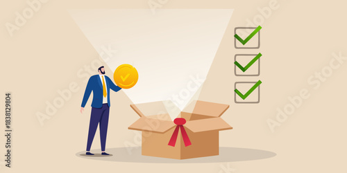 Man presenting a golden reward emerging from a gift box with checkmarks