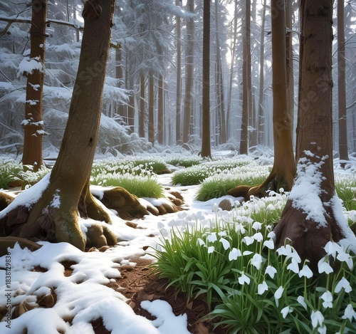 winter landscape featuring snowdrops beneath evergreen trees, bright green foliage against crisp snowy terrain
