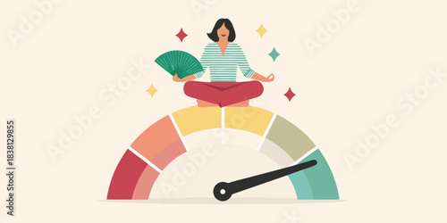 Woman meditating with money and a gauge measuring financial well being