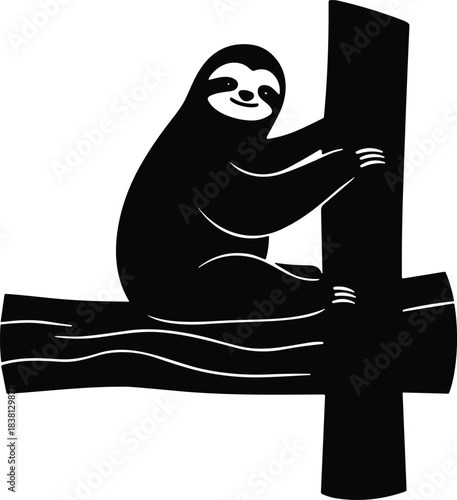 Sitting Sloth Silhouette on Tree Branch – Cute Relaxed Wildlife Vector Illustration Isolated on Transparent Background