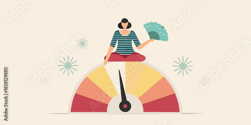 A woman sitting on a colorful thermometer holding a fan in her hand
