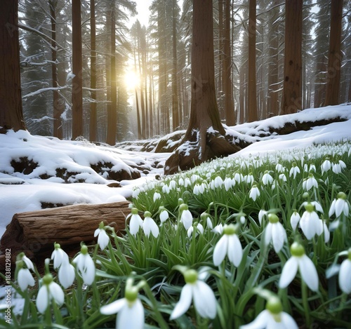 winter landscape featuring snowdrops beneath evergreen trees, bright green foliage against crisp snowy terrain